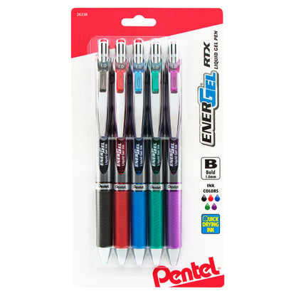 Pentel EnerGel RTX Retractable Liquid Gel Pen, (1.0mm) Metal Tip, Bold Line, Asstd Ink (A/B/C/D/V) 5-Pk (BL80BP5M)
