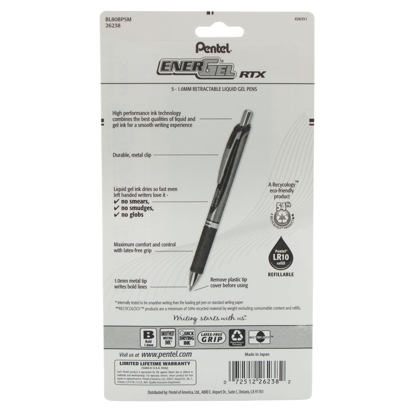 Pentel EnerGel RTX Retractable Liquid Gel Pen, (1.0mm) Metal Tip, Bold Line, Asstd Ink (A/B/C/D/V) 5-Pk (BL80BP5M)