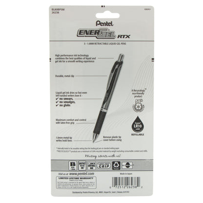Pentel EnerGel RTX Retractable Liquid Gel Pen, (1.0mm) Metal Tip, Bold Line, Asstd Ink (A/B/C/D/V) 5-Pk (BL80BP5M)