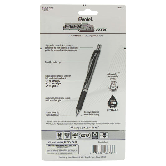 Pentel EnerGel RTX Retractable Liquid Gel Pen, (1.0mm) Metal Tip, Bold Line, Asstd Ink (A/B/C/D/V) 5-Pk (BL80BP5M), 72 Each