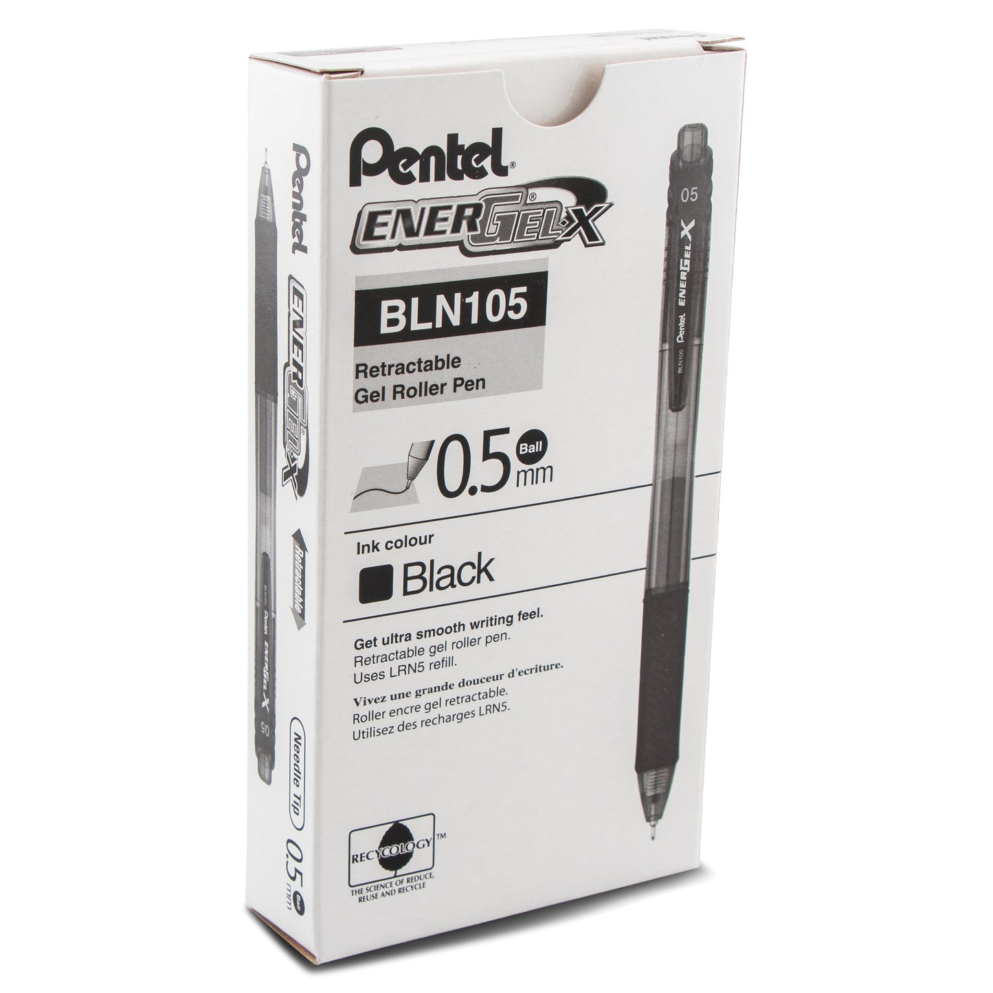 Pentel EnerGel-X Retractable Liquid Gel Pen, (0.5mm) Needle Tip, Fine Line, Black Ink (BLN105-A)