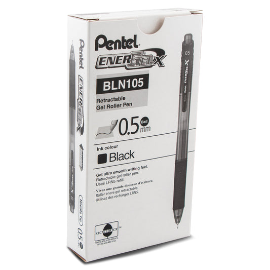 Pentel EnerGel-X Retractable Liquid Gel Pen, (0.5mm) Needle Tip, Fine Line, Black Ink (BLN105-A)