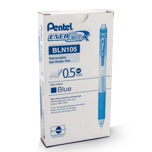 Pentel EnerGel-X Retractable Liquid Gel Pen, (0.5mm) Needle Tip, Fine Line, Blue Ink (BLN105-C)