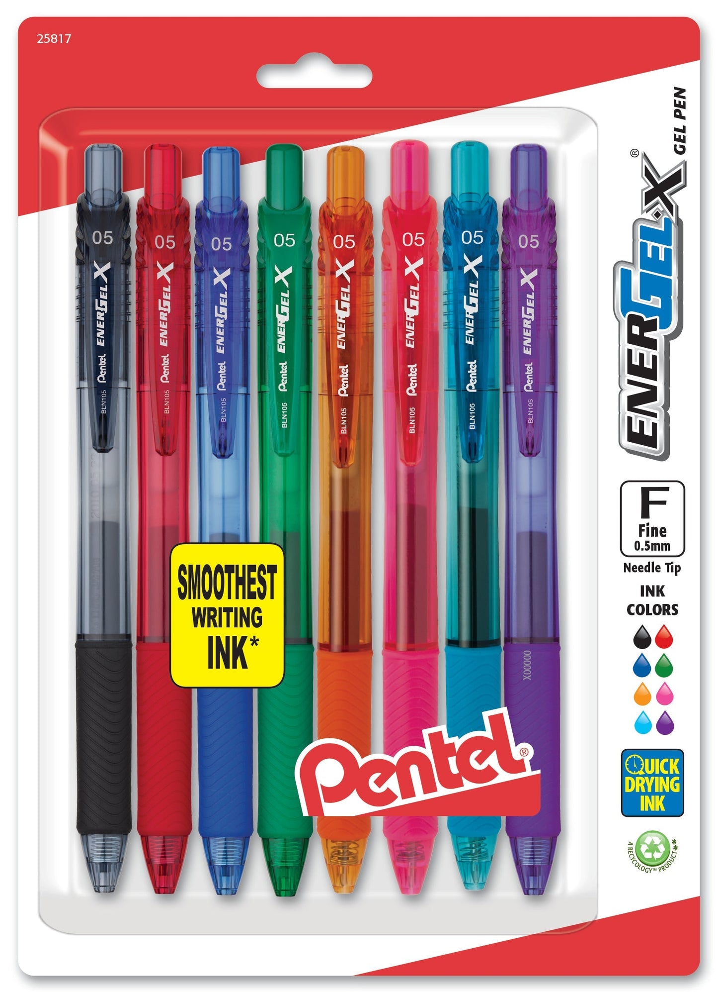 Pentel EnerGel-X Retractable Liquid Gel Pen, (0.5mm) Needle Tip, Fine Line, Assorted Ink (A/B/C/D/F/P/S/V) 8-Pk (BLN105BP8M)