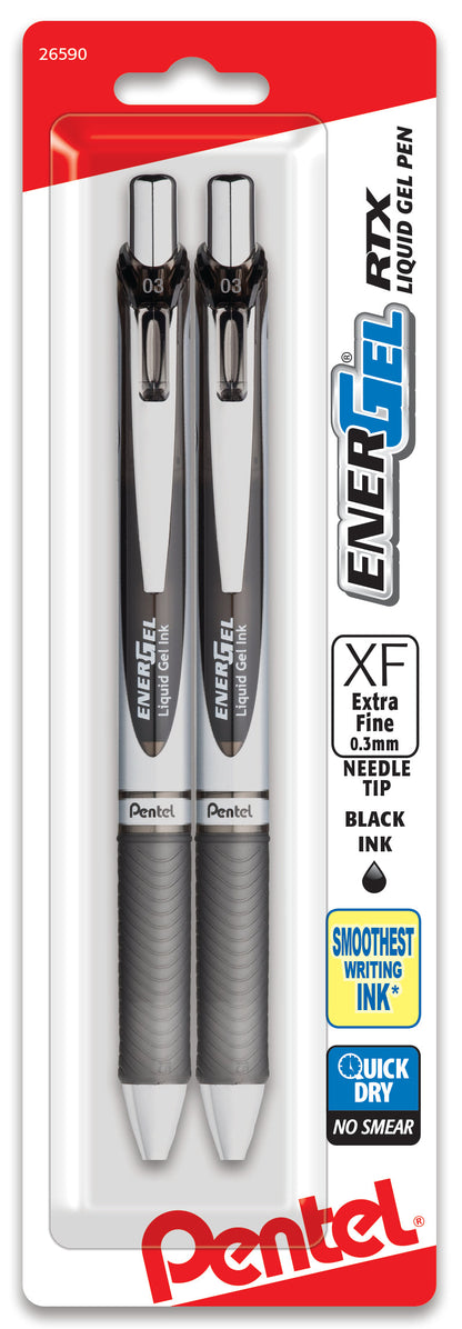 Pentel EnerGel RTX Retractable Liquid Gel Pen, (0.3mm) Needle Tip, Extra Fine Line, Black Ink, 2-Pk (BLN73BP2A), 144 Each