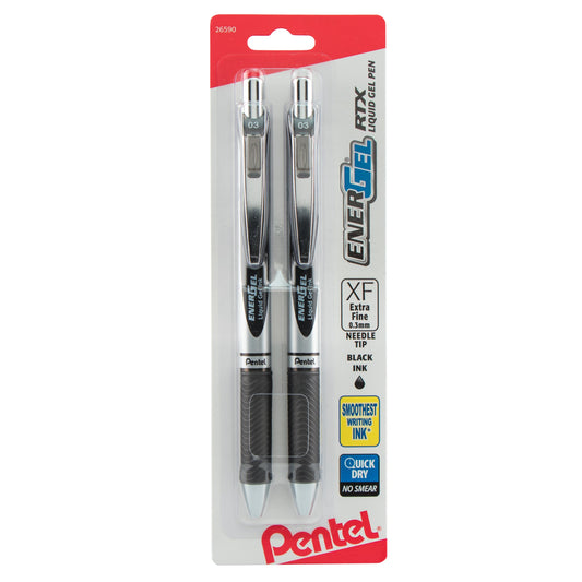 Pentel EnerGel RTX Retractable Liquid Gel Pen, (0.3mm) Needle Tip, Extra Fine Line, Black Ink, 2-Pk (BLN73BP2A)