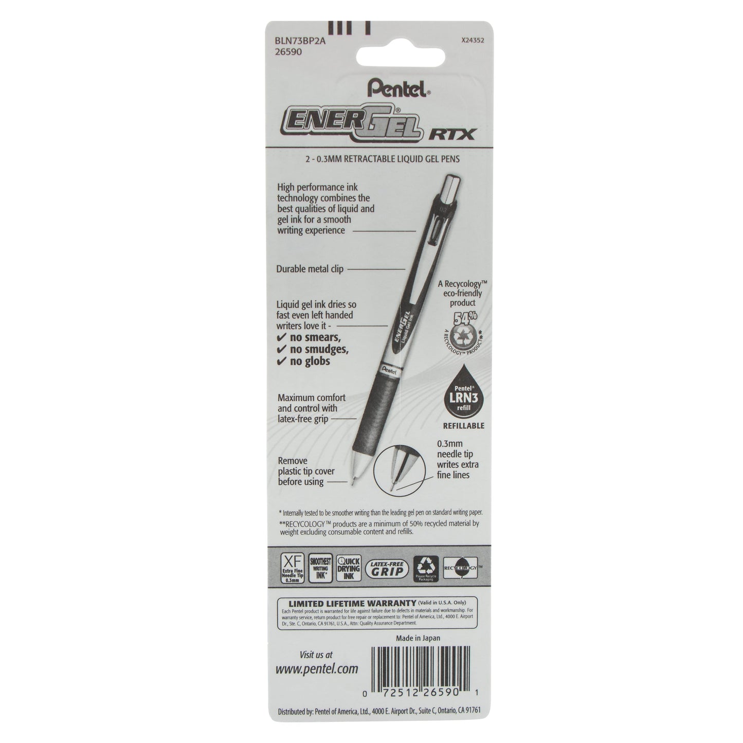 Pentel EnerGel RTX Retractable Liquid Gel Pen, (0.3mm) Needle Tip, Extra Fine Line, Black Ink, 2-Pk (BLN73BP2A), 144 Each