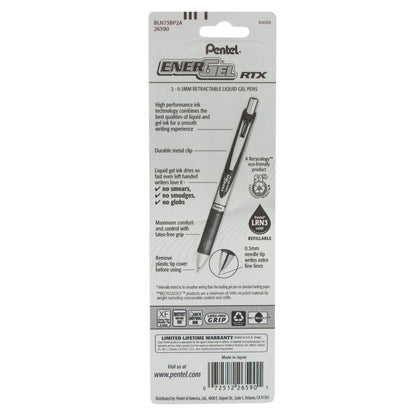 Pentel EnerGel RTX Retractable Liquid Gel Pen, (0.3mm) Needle Tip, Extra Fine Line, Black Ink, 2-Pk (BLN73BP2A), 144 Each