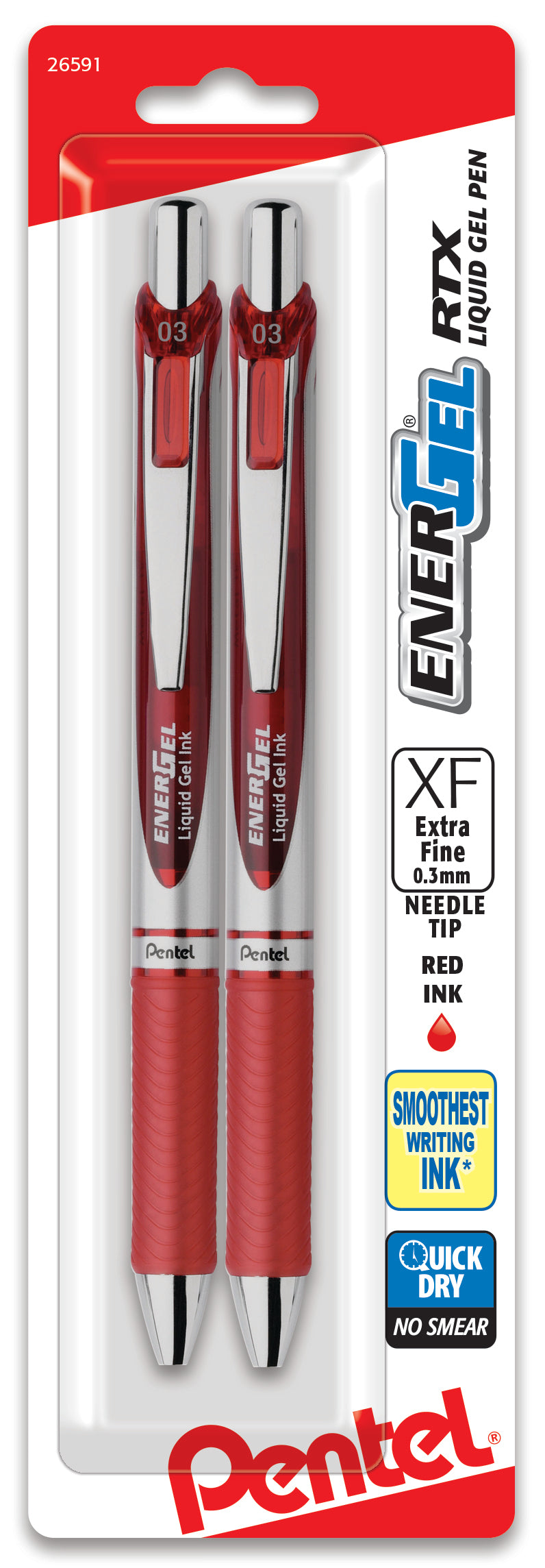 Pentel EnerGel RTX Retractable Liquid Gel Pen, (0.3mm) Needle Tip, Extra Fine Line, Red Ink, 2-Pk (BLN73BP2B)