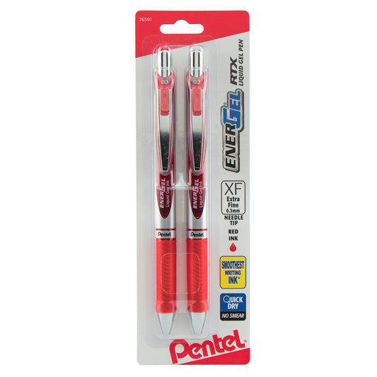 Pentel EnerGel RTX Retractable Liquid Gel Pen, (0.3mm) Needle Tip, Extra Fine Line, Red Ink, 2-Pk (BLN73BP2B), 144 Each