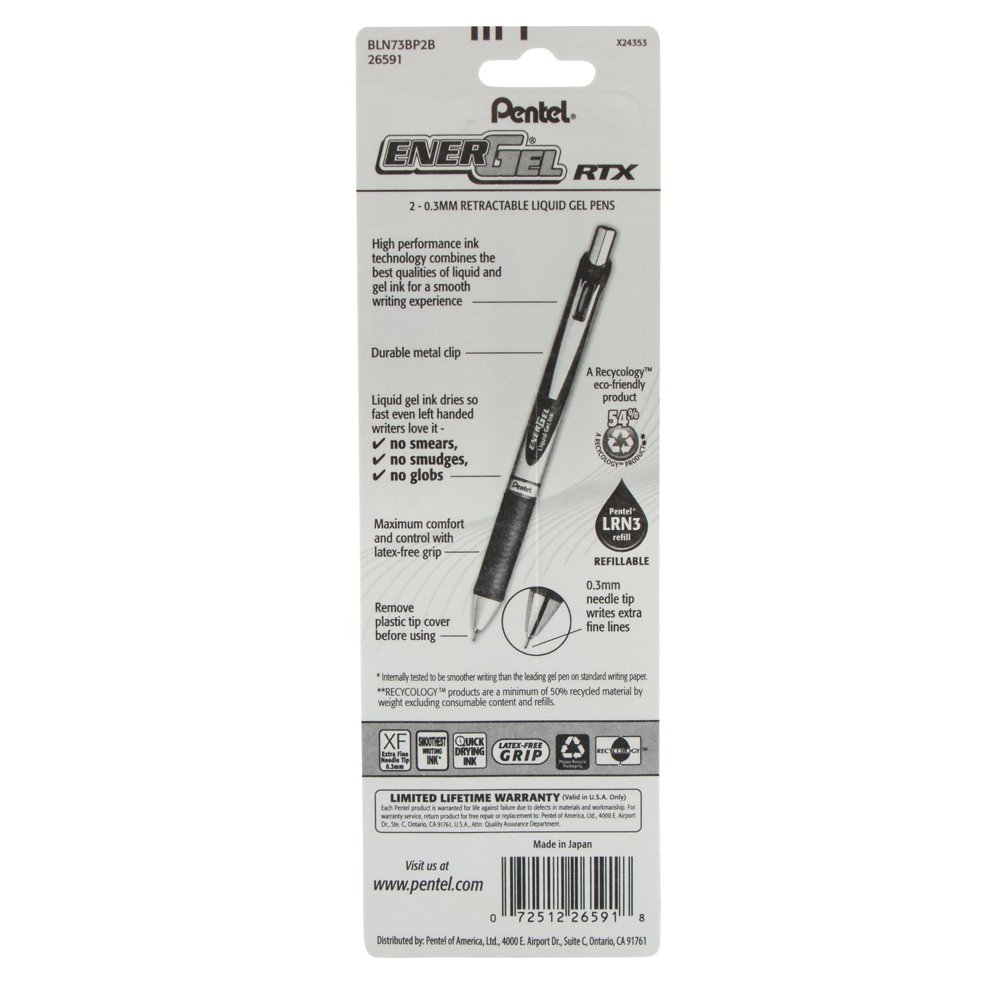 Pentel EnerGel RTX Retractable Liquid Gel Pen, (0.3mm) Needle Tip, Extra Fine Line, Red Ink, 2-Pk (BLN73BP2B)