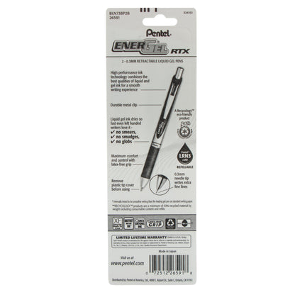 Pentel EnerGel RTX Retractable Liquid Gel Pen, (0.3mm) Needle Tip, Extra Fine Line, Red Ink, 2-Pk (BLN73BP2B)