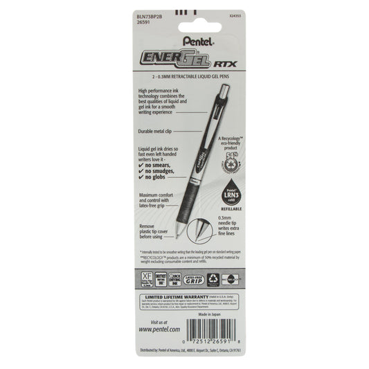 Pentel EnerGel RTX Retractable Liquid Gel Pen, (0.3mm) Needle Tip, Extra Fine Line, Red Ink, 2-Pk (BLN73BP2B), 144 Each