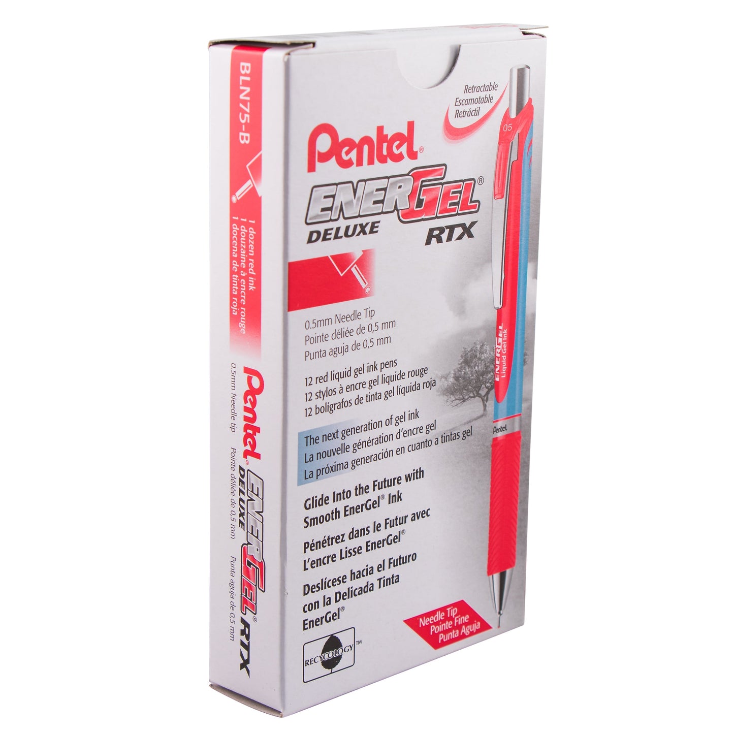 Pentel EnerGel RTX Retractable Liquid Gel Pen, (0.5mm) Needle Tip, Fine Line, Red Ink (BLN75-B)
