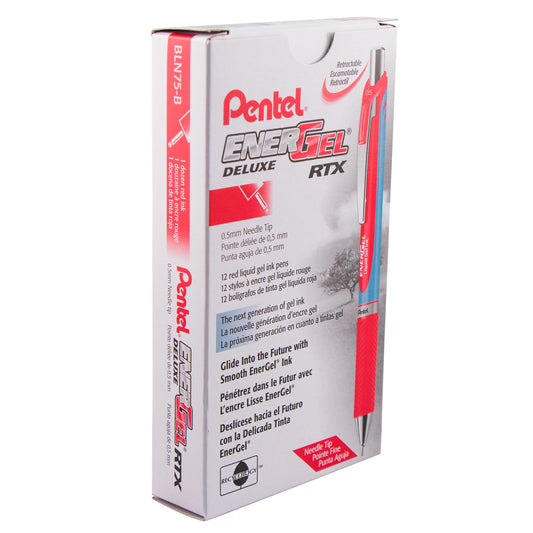 Pentel EnerGel RTX Retractable Liquid Gel Pen, (0.5mm) Needle Tip, Fine Line, Red Ink (BLN75-B)