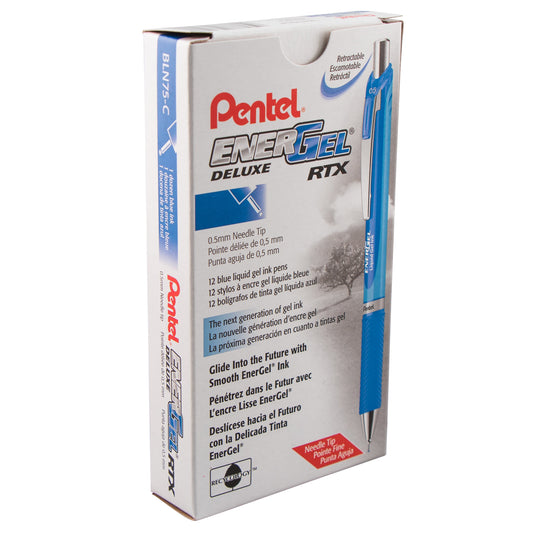 Pentel EnerGel RTX Retractable Liquid Gel Pen, (0.5mm) Needle Tip, Fine Line, Blue Ink (BLN75-C)