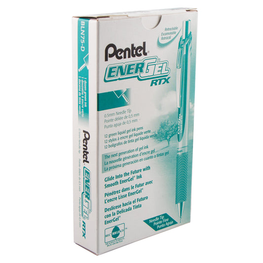 Pentel EnerGel RTX Retractable Liquid Gel Pen, (0.5mm) Needle Tip, Fine Line, Green Ink (BLN75-D)