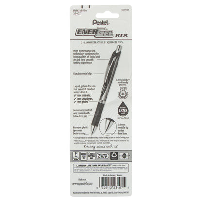 EnerGel RTX Retractable Liquid Gel Pen, (0.5mm) Needle Tip, Fine Line, Black Ink 2-Pk (BLN75BP2A)