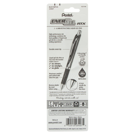 EnerGel RTX Retractable Liquid Gel Pen, (0.5mm) Needle Tip, Fine Line, Black Ink 2-Pk (BLN75BP2A)