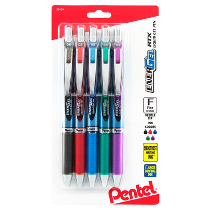 Pentel EnerGel RTX Retractable Liquid Gel Pen, (0.5mm) Needle Tip, Fine Line, Assorted Ink (A/B/C/D/V) 5-Pk (BLN75BP5M)