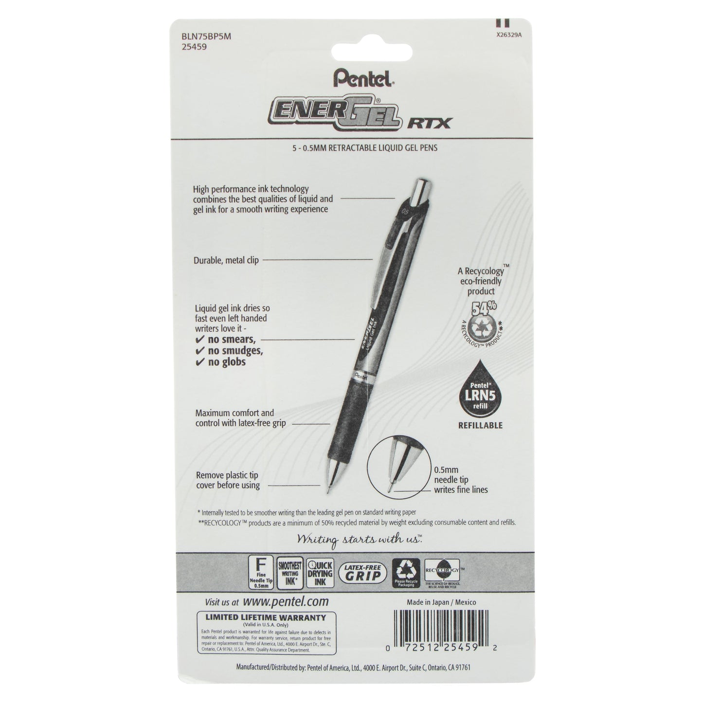 Pentel EnerGel RTX Retractable Liquid Gel Pen, (0.5mm) Needle Tip, Fine Line, Assorted Ink (A/B/C/D/V) 5-Pk (BLN75BP5M)