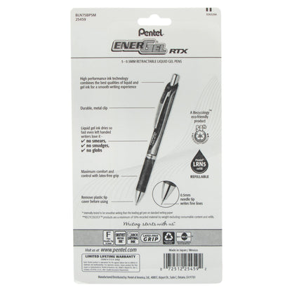 Pentel EnerGel RTX Retractable Liquid Gel Pen, (0.5mm) Needle Tip, Fine Line, Assorted Ink (A/B/C/D/V) 5-Pk (BLN75BP5M)