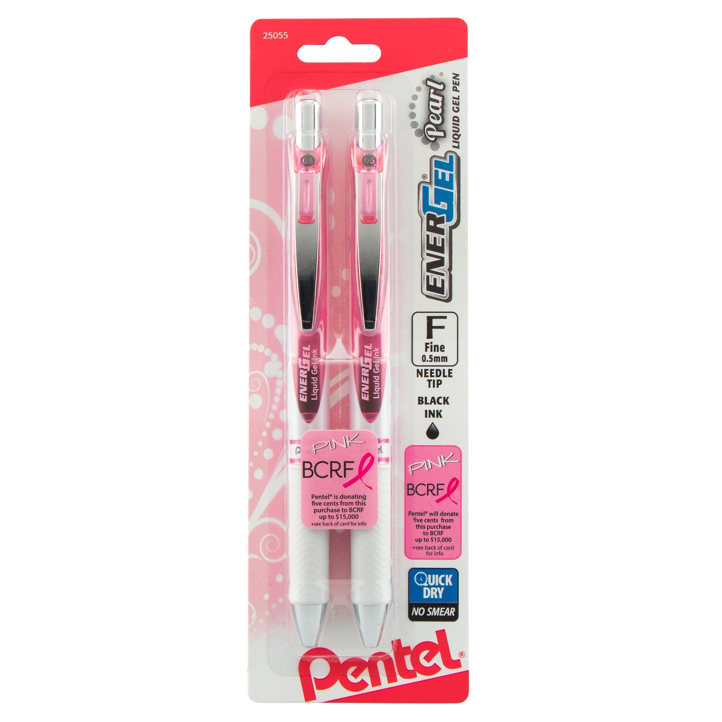 Pentel PINK BCA EnerGel Pearl Retractable (0.5mm) Needle Tip, Fine Line, Pink Accent, Black Ink 2-Pk (BLN75WBP2PA), 144 Each