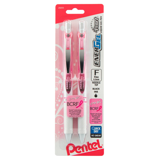 Pentel PINK BCA EnerGel Pearl Retractable (0.5mm) Needle Tip, Fine Line, Pink Accent, Black Ink 2-Pk (BLN75WBP2PA)