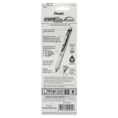 Pentel PINK BCA EnerGel Pearl Retractable (0.5mm) Needle Tip, Fine Line, Pink Accent, Black Ink 2-Pk (BLN75WBP2PA), 144 Each