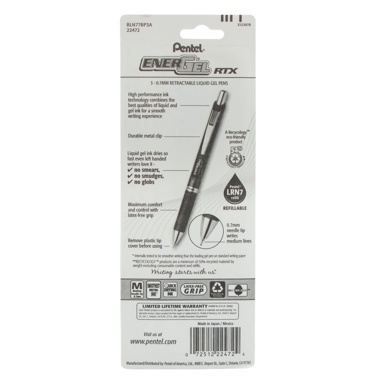 EnerGel RTX Retractable Liquid Gel Pen, (0.7mm) Needle Tip, Medium Line, Black Ink 3-Pk (BLN77BP3A)