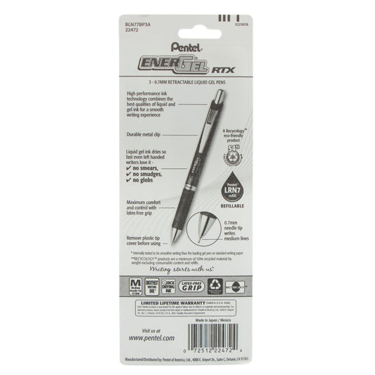 EnerGel RTX Retractable Liquid Gel Pen, (0.7mm) Needle Tip, Medium Line, Black Ink 3-Pk (BLN77BP3A)