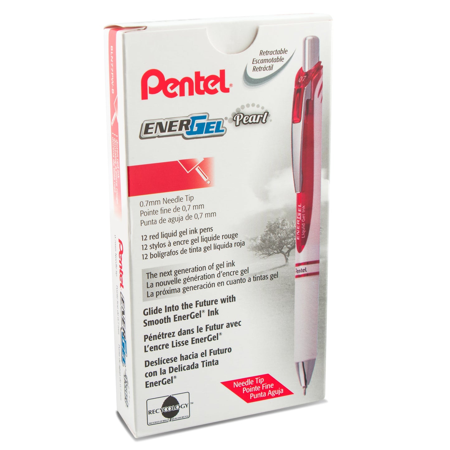 Pentel EnerGel Pearl Retractable Liquid Gel Pen, (0.7mm) Needle Tip, Medium Line, Red Ink (BLN77PW-B)