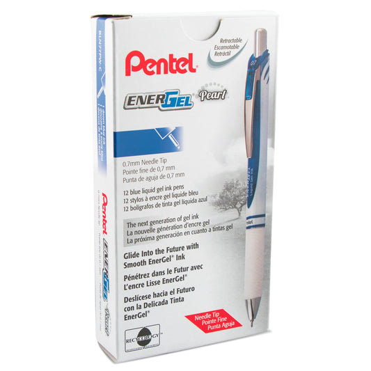 Pentel EnerGel Pearl Retractable Liquid Gel Pen, (0.7mm) Needle Tip, Medium Line, Blue Ink (BLN77PW-C)