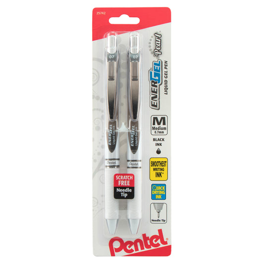 EnerGel Pearl Retractable Liquid Gel Pen, Needle Tip (0.7mm) Medium Line, Black Ink, 2-Pk (BLN77WBP2A)