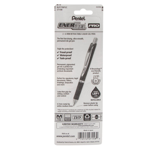 EnerGel PRO Permanent Gel Pen, (0.7mm) Medium Line, Blue Ink, 2-Pk (BLP77BP2C)