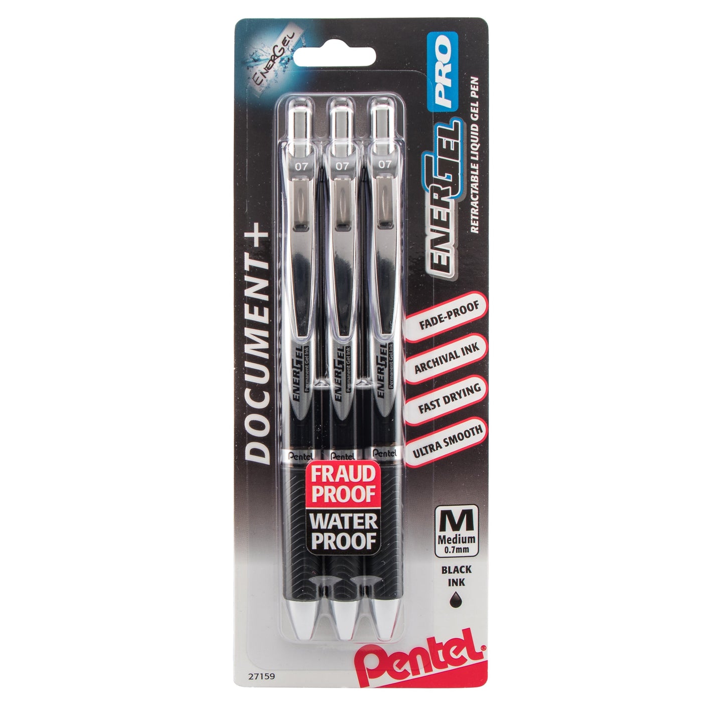 Pentel EnerGel PRO Permanent Gel Pen, (0.7mm) Medium Line, Black Ink, 3-Pk (BLP77BP3A), 144 Each