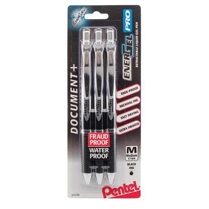 Pentel EnerGel PRO Permanent Gel Pen, (0.7mm) Medium Line, Black Ink, 3-Pk (BLP77BP3A), 144 Each