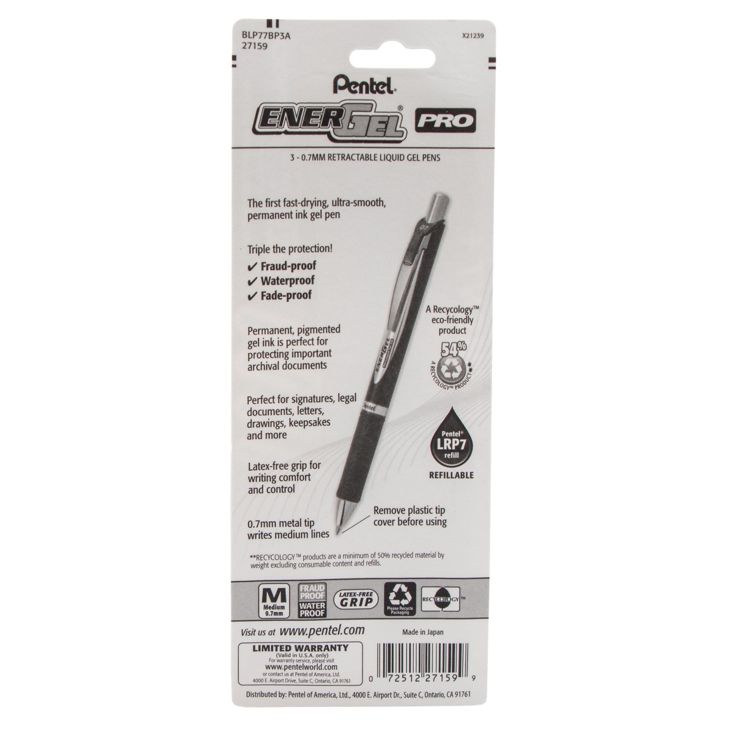 Pentel EnerGel PRO Permanent Gel Pen, (0.7mm) Medium Line, Black Ink, 3-Pk (BLP77BP3A), 144 Each