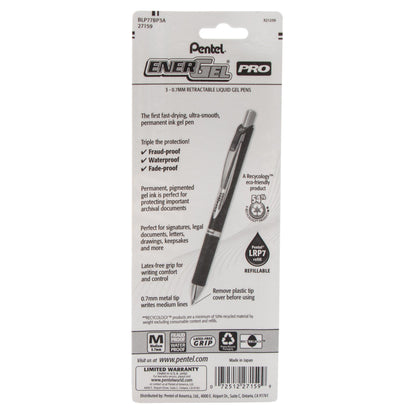 Pentel EnerGel PRO Permanent Gel Pen, (0.7mm) Medium Line, Black Ink, 3-Pk (BLP77BP3A), 144 Each