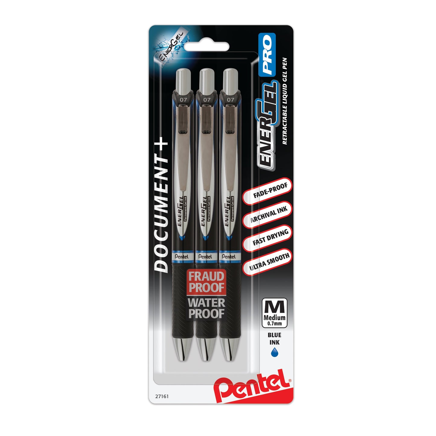 Pentel EnerGel PRO Permanent Gel Pen, (0.7mm) Medium Line, Blue Ink, 3-Pk (BLP77BP3C)
