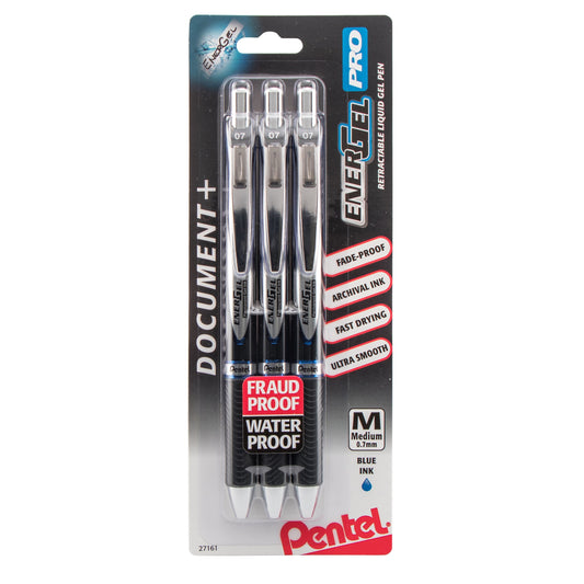 Pentel EnerGel PRO Permanent Gel Pen, (0.7mm) Medium Line, Blue Ink, 3-Pk (BLP77BP3C)