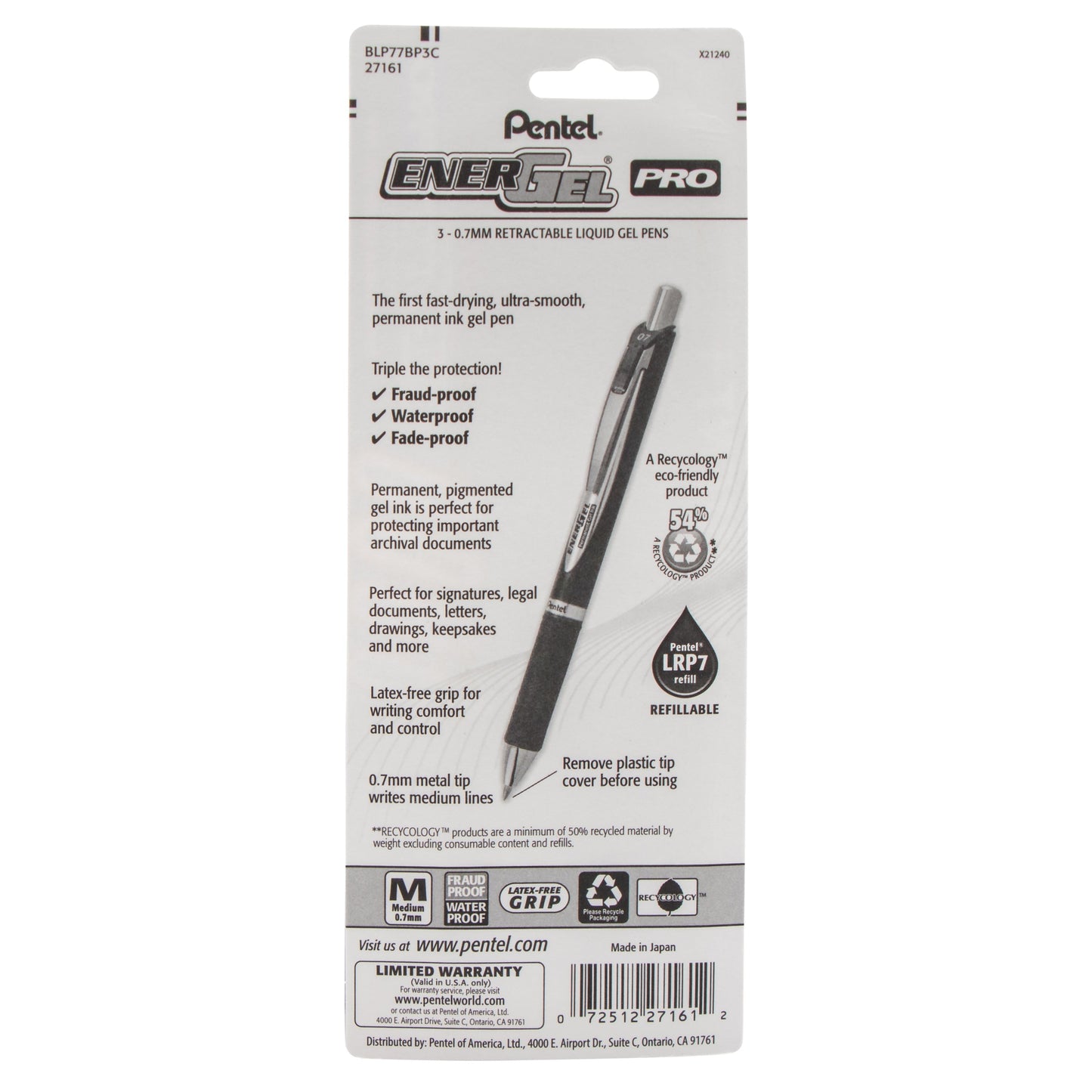 Pentel EnerGel PRO Permanent Gel Pen, (0.7mm) Medium Line, Blue Ink, 3-Pk (BLP77BP3C)