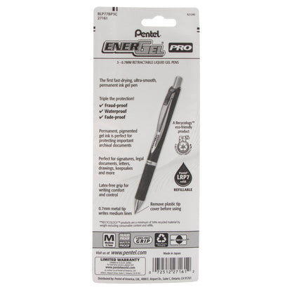 Pentel EnerGel PRO Permanent Gel Pen, (0.7mm) Medium Line, Blue Ink, 3-Pk (BLP77BP3C)