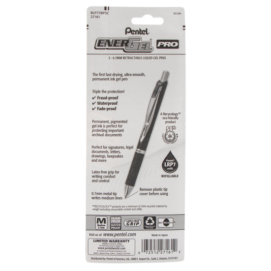 Pentel EnerGel PRO Permanent Gel Pen, (0.7mm) Medium Line, Blue Ink, 3-Pk (BLP77BP3C)
