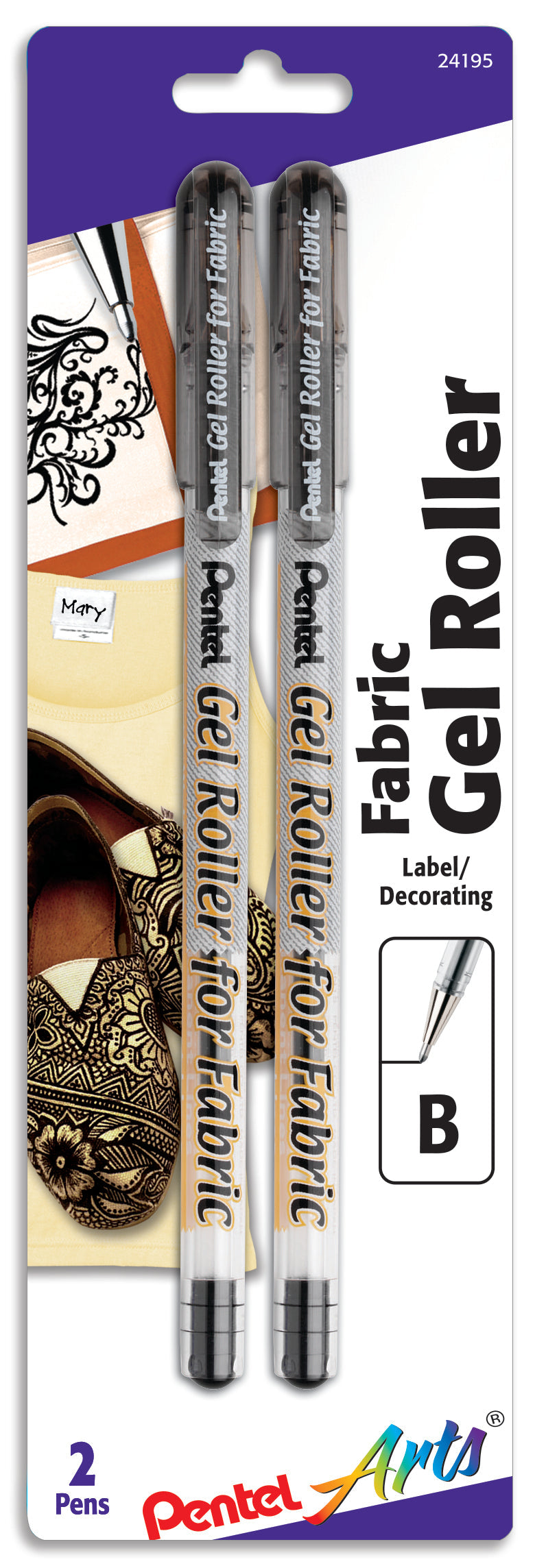 Pentel Arts Gel Roller For Fabric, (1.0mm) Bold Lines, Permanent, Black Ink 2-Pk (BN15BP2A)