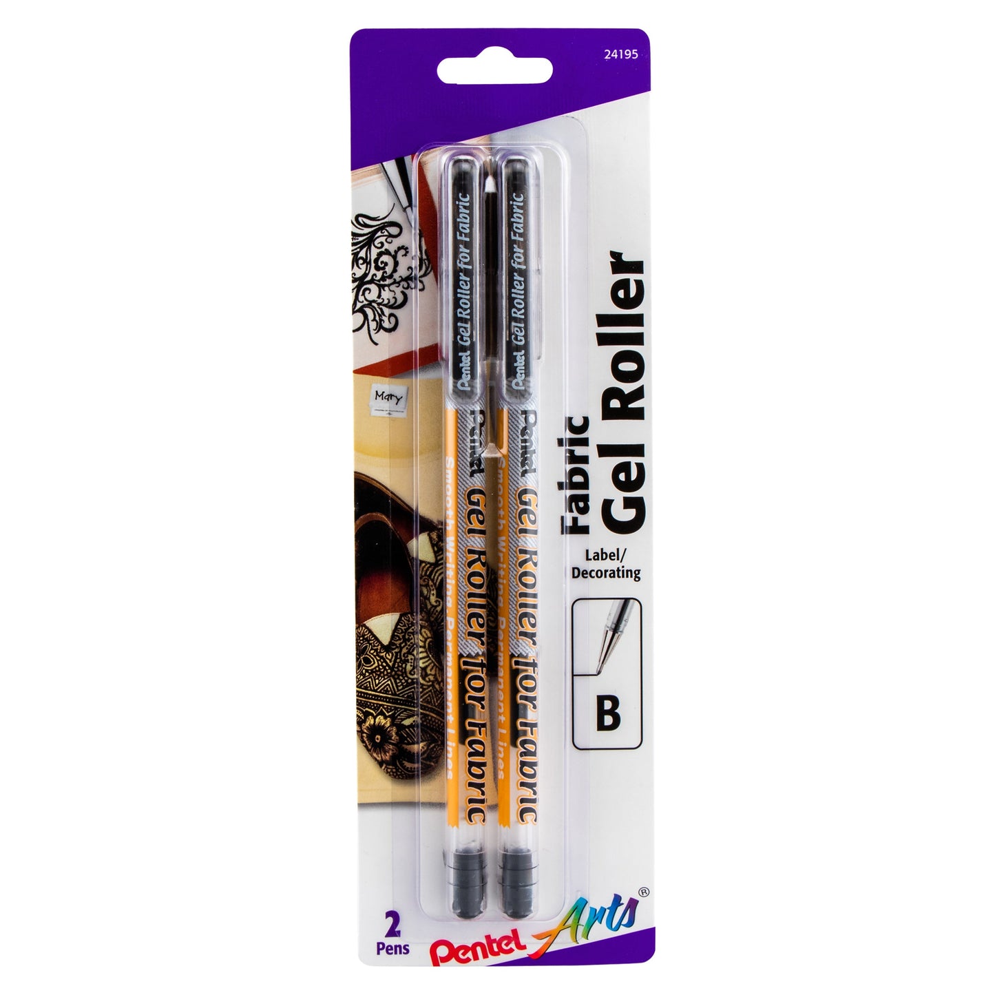 Pentel Arts Gel Roller For Fabric, (1.0mm) Bold Lines, Permanent, Black Ink 2-Pk (BN15BP2A)
