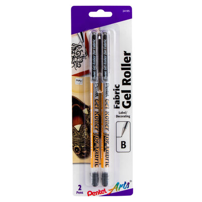 Pentel Arts Gel Roller For Fabric, (1.0mm) Bold Lines, Permanent, Black Ink 2-Pk (BN15BP2A)