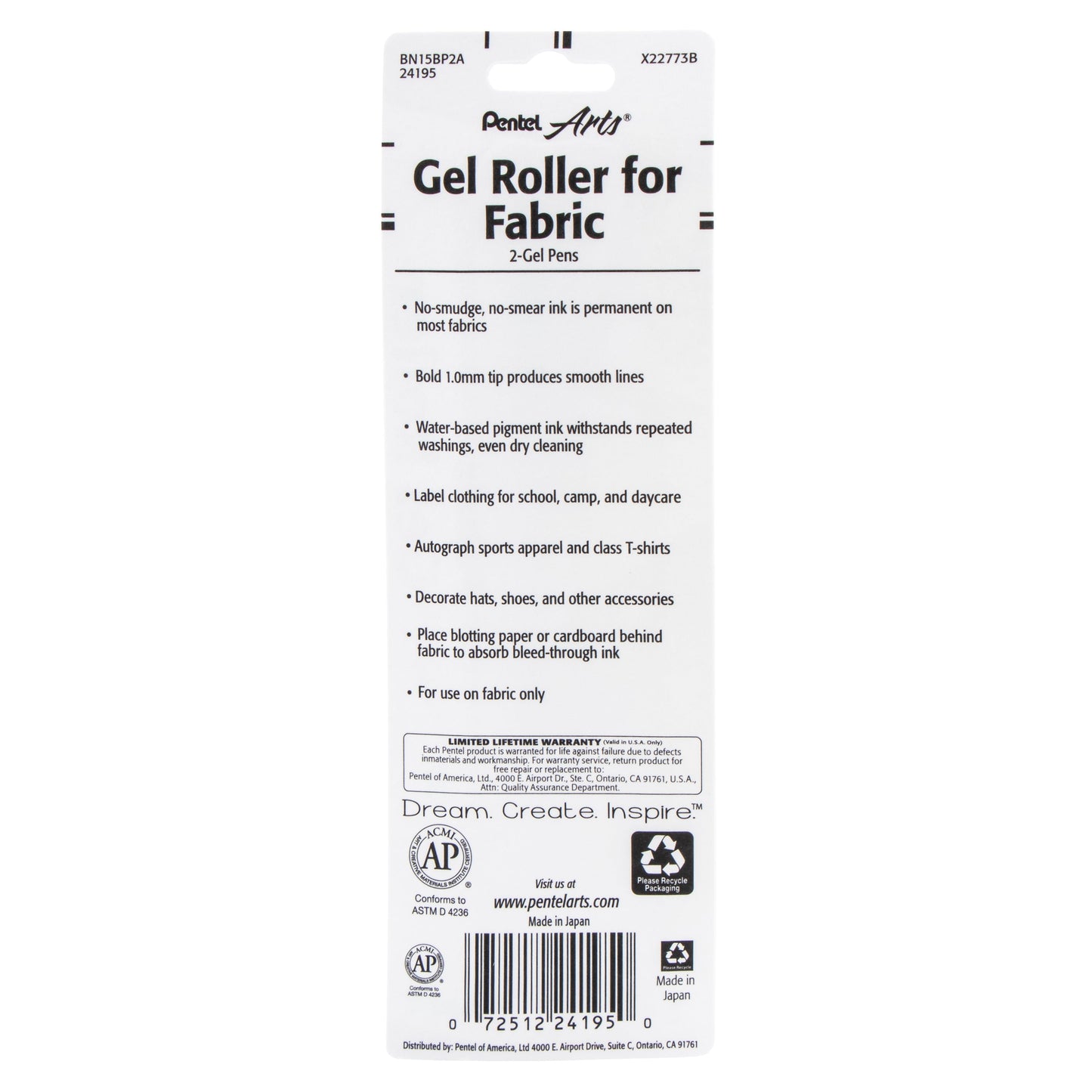 Pentel Arts Gel Roller For Fabric, (1.0mm) Bold Lines, Permanent, Black Ink 2-Pk (BN15BP2A)