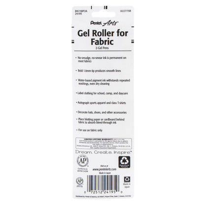 Pentel Arts Gel Roller For Fabric, (1.0mm) Bold Lines, Permanent, Black Ink 2-Pk (BN15BP2A)