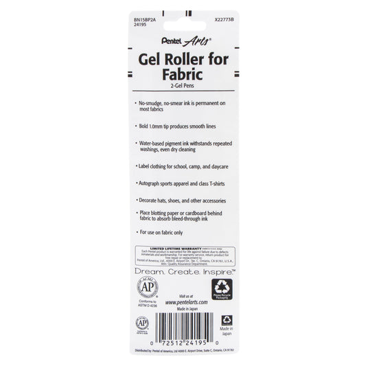 Pentel Arts Gel Roller For Fabric, (1.0mm) Bold Lines, Permanent, Black Ink 2-Pk (BN15BP2A), 144 Each